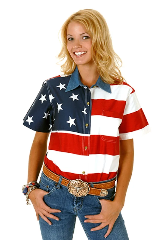 New Arrival Roper Womens Patriotic Red 100% Cotton S/S Stars Stripes American Flag Shirt