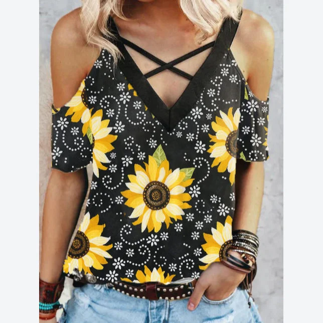 Weekend Offers That Impress Sunflower Printed Sling Strap Off Shoulder Women'S Wholesale T Shirts