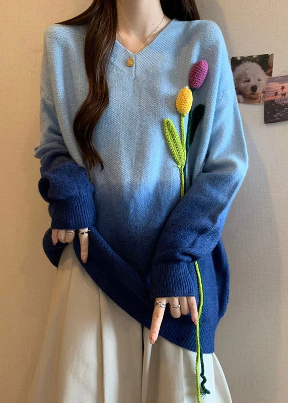 Exclusive Savings French Blue Gradient V Neck Floral Decorated Knitted Sweaters Winter