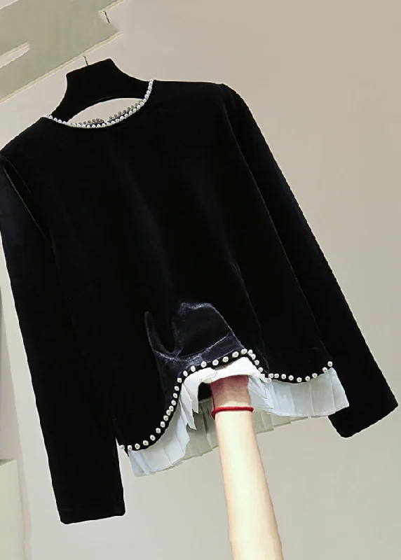 Act Fast Simple Black O-Neck Nail Bead Silk Velvet Sweater Winter