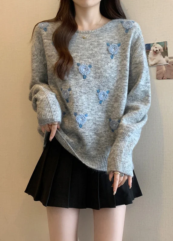 Price Fest DIY Grey Blue O Neck Floral Cozy Knit Sweater Winter