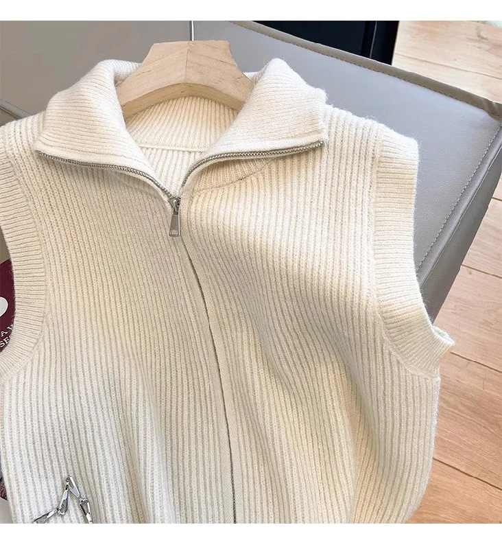 Can't Miss Retro stand-up collar knitted vest for women new design simple zipper sweater vest trendy      S5006