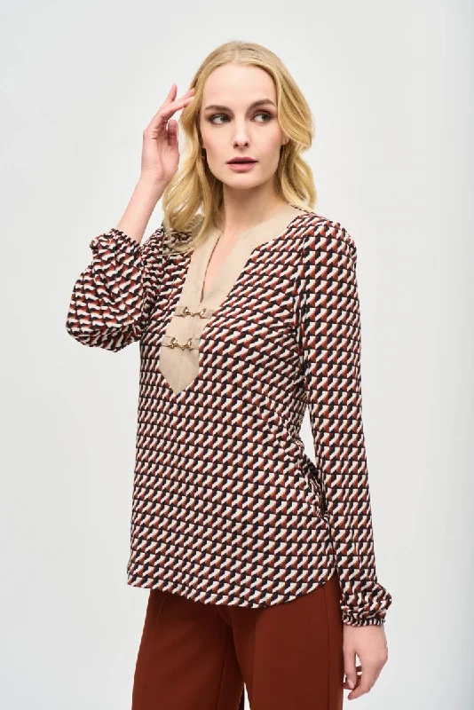Deal Alert Joseph Ribkoff Black/Multi Retro Geometric Long Sleeve Satin Top 243184