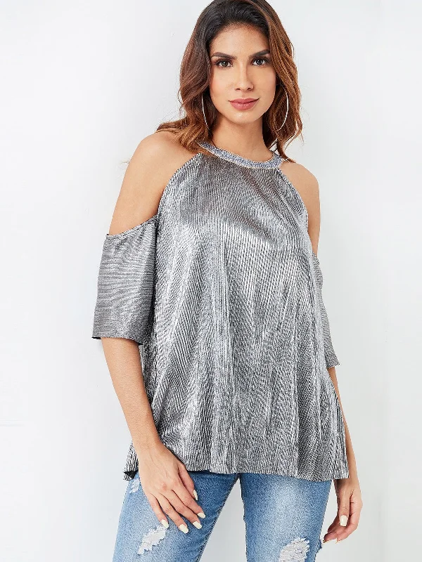 Deal of the Day Custom Cold Shoulder Plain Hollow Half Sleeve Silver Top