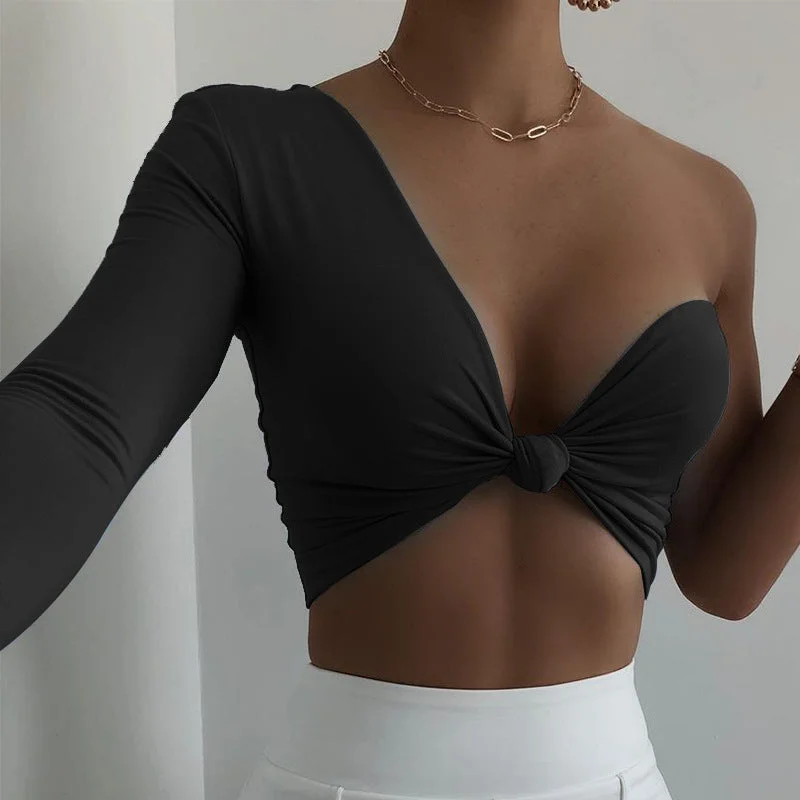 Shop and Save Sexy Irregular Chest Wrap Solid Color One Shoulder Wholesale Crop Tops