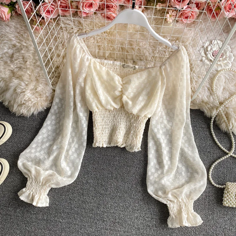 Price Slash Cute v neck chiffon long sleeve tops crop tops    S198