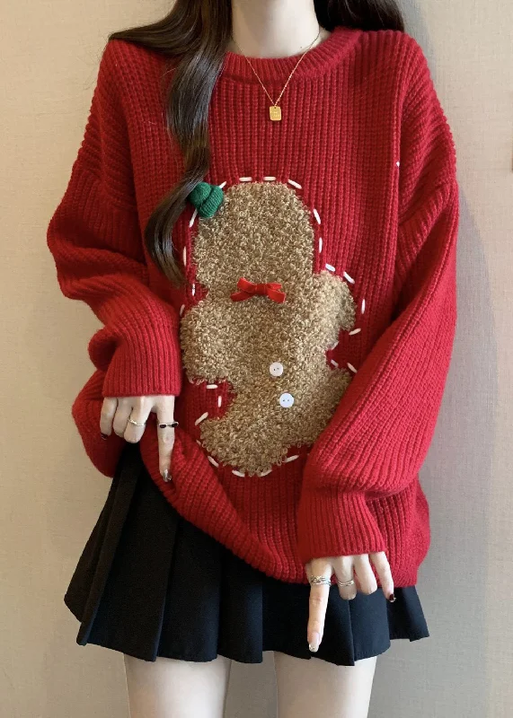 Discount Mania Loose Red O Neck Embroidered Thick Christmas Knit Sweater Winter
