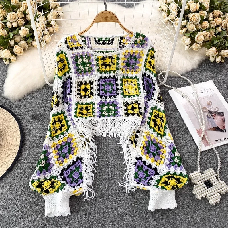 Steal Deal Fashionable lantern long-sleeved round neck tassel short sweater blouse for women casual top S4141 Steal Deal Fashionable lantern long-sleeved round neck tassel short sweater blouse for women casual top S4141