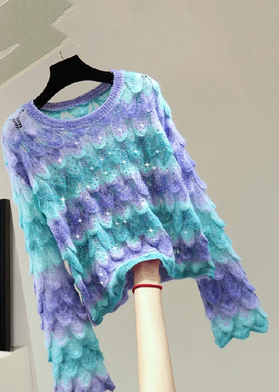 Unbeatable Prices Beautiful Blue O-Neck Zippered Hollow Out Cotton Knit Sweater Flare Sleeve
