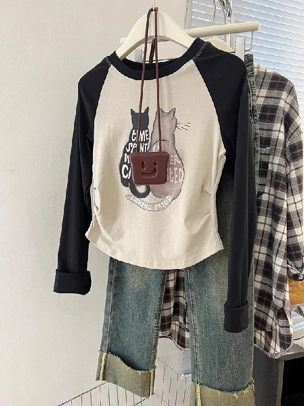 Year-End Sale Retro Short Irregular Long Sleeve T-shirt Women's  Top     S3423