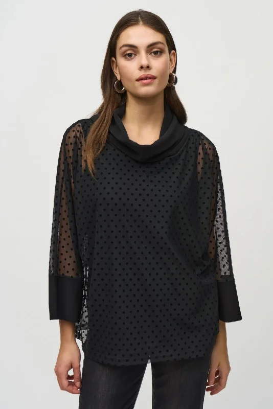 Act Fast Joseph Ribkoff Black Polka Dot Mesh Overlay Cowl Neck Tunic Top 244178