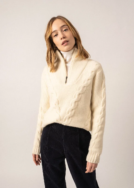 Massive Deal ABERDEEN -Quarter Zip Trucker Sweater for Women | Cable Knit | 100% Wool (IVORY)
