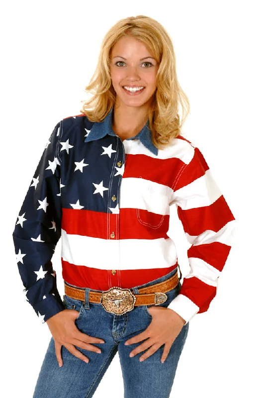 Blowout Deals Roper Womens Patriotic Red 100% Cotton L/S Stars Stripes American Flag Shirt