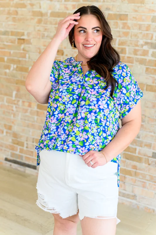 Hurry In Lizzy Cap Sleeve Top in Royal and Pink Wildflower