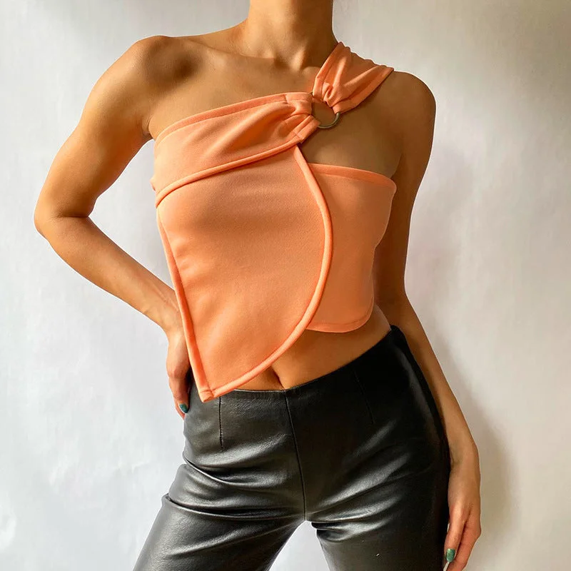 Referral Discount Sexy Diagonal Neck Asymmetrical Tops Bandage Backless Sleeveless Solid Color Wholesale Crop Tops