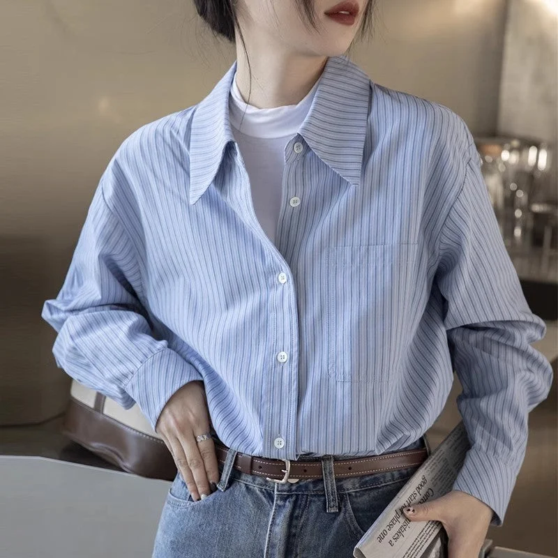 The Best Prices Blue striped shirt women's new design long-sleeved shirt     S3424