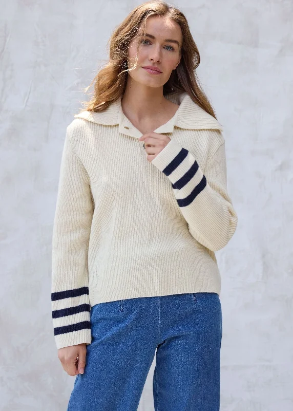 Limited Time VANOISE - Button-Down Collar Sweater with Flared Long Sleeves | 100% Wool (IVORY / NAVY)