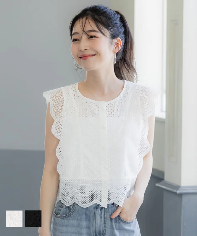 Savings Soar This Weekend ブラウス トップス レディース レース カットワーク 刺繍 フリル 綿100％ コットン 薄手 丸首 カジュアル メール便可 24ss coca コカ