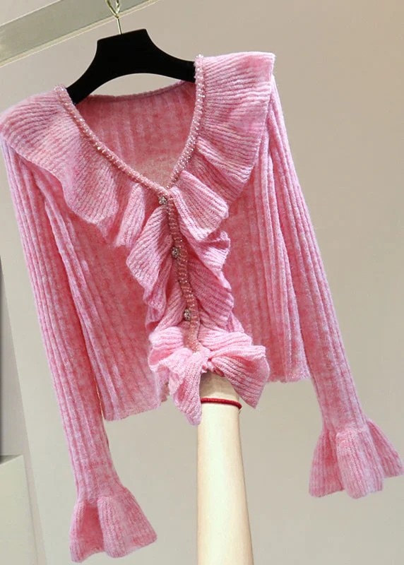 Limited Availability Vogue Pink V Neck Ruffled Patchwork Cotton Knit Sweater Winter