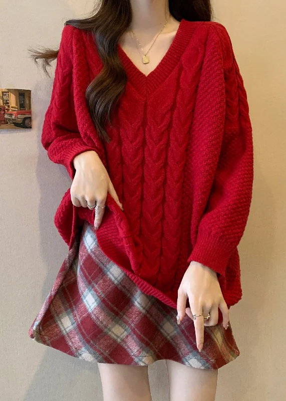 Grand Opening Sale Italian Red V Neck Thick Cable Knit Sweaters Winter