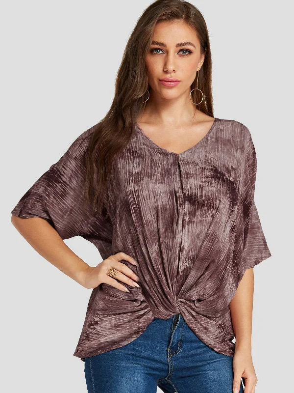 Holiday Sale Custom V-Neck Printed Twist Half Sleeve Irregular Hem Rust T-Shirts