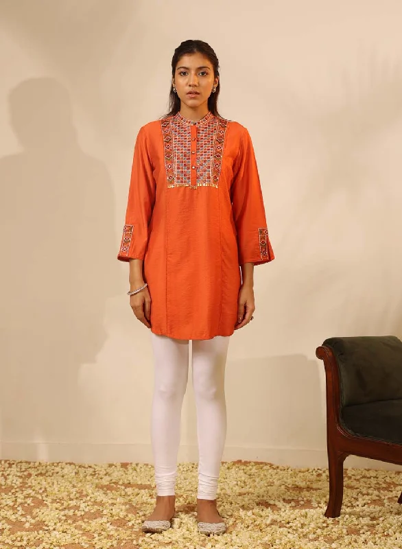 Deal Explosion Orange Collared Tunic with Intricate Embroidery and Bell Sleeves