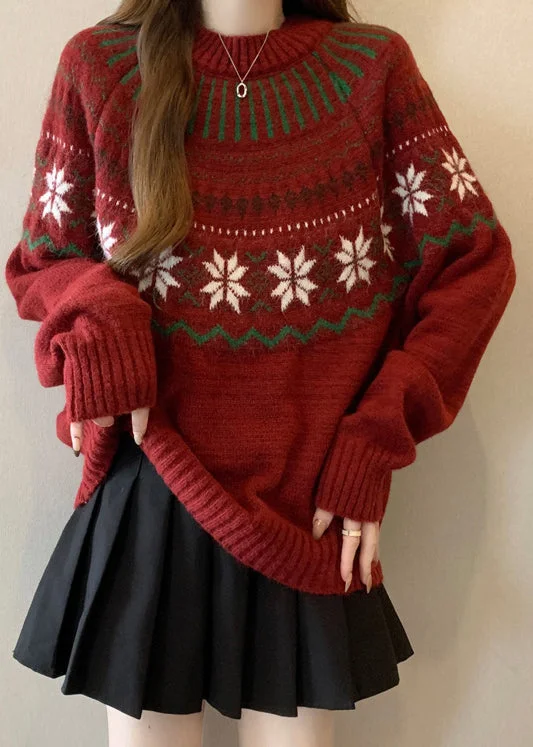 Now or Never New Red O Neck Jacquard Thick Knit Sweaters Winter