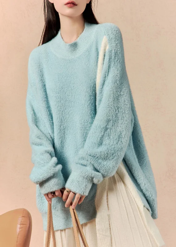 New Deal Loose Blue Asymmetrical Front Open Mink Hair Knitted Sweater Winter