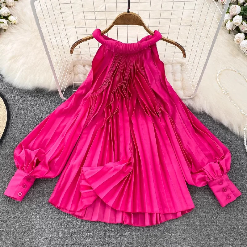 Weekend Bargains Galore Round Neck Halter Neck Off-Shoulder Lantern Sleeve Pleated Shirt Women's Casual Top    S4125