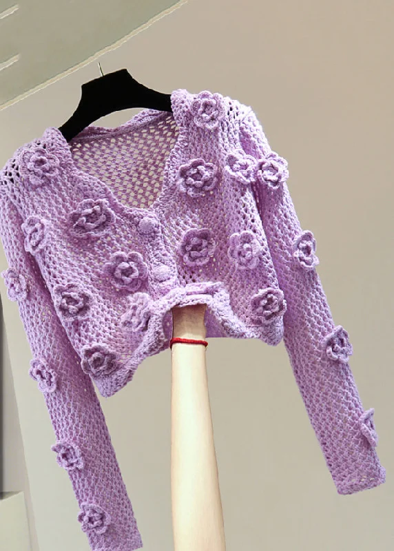Don’t Miss Out Brief Purple V Neck Embroidered Floral Cotton Knit Sweater Spring
