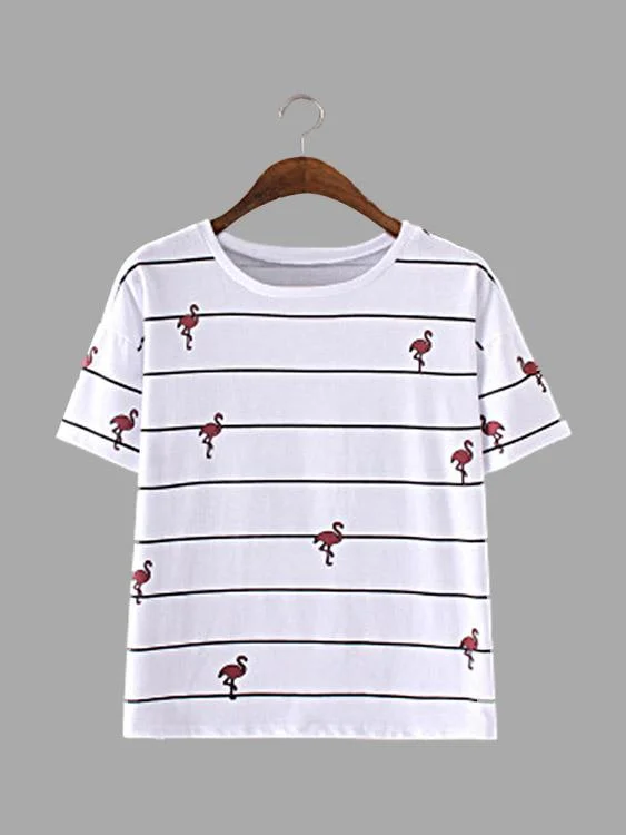 Online Exclusive Wholesale Stripe & Animal Pattern Round Neck T-shirt