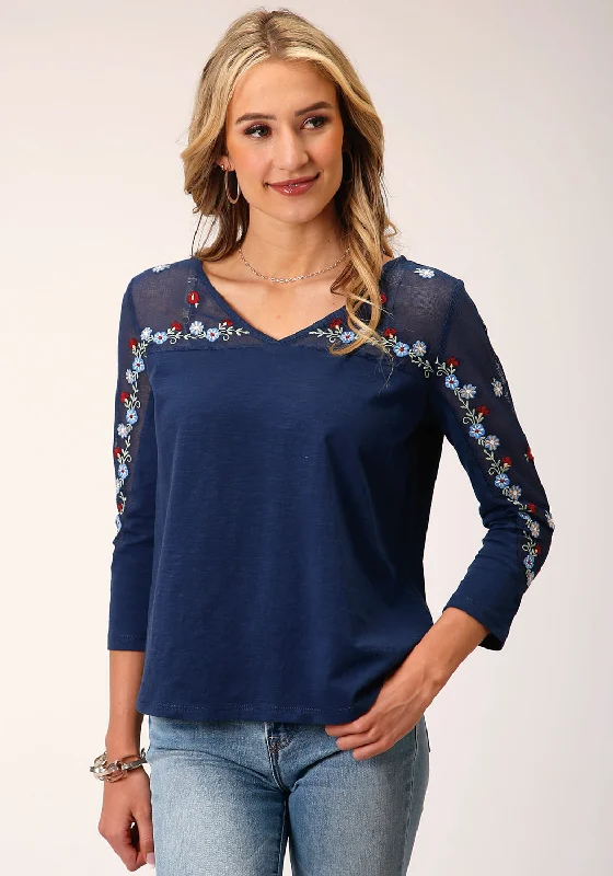 Early Access Roper Womens Floral Slub Jersey Navy 100% Cotton 3/4 Sleeve S/S Tunic