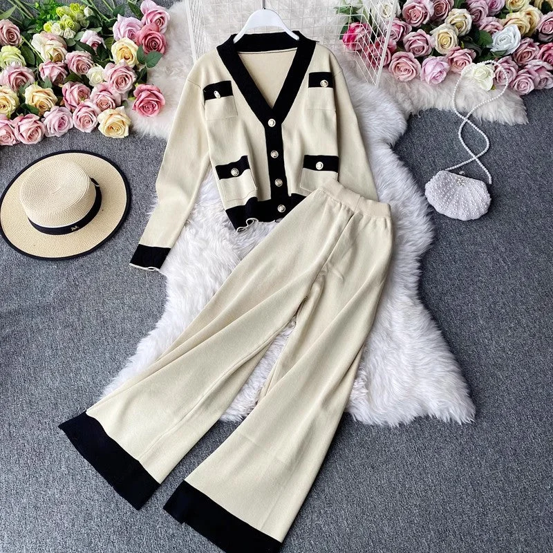 Daily Specials Knitted suit for women casual V-neck cardigan sweater casual leg trousers two-piece set       S4169