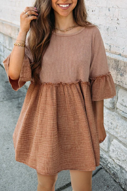 Super Deal Khaki Waffle and Crinkle Patchwork Frilled Flare Mini Dress