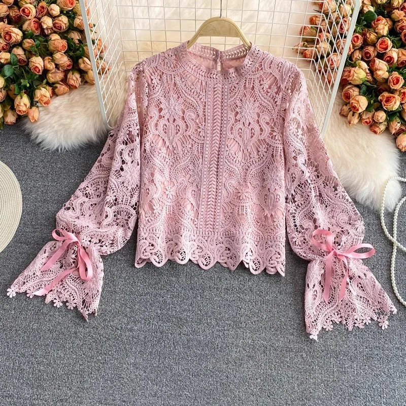 The Best Prices Lace Shirt Bell Sleeve Long Sleeve Top for Women     S3915