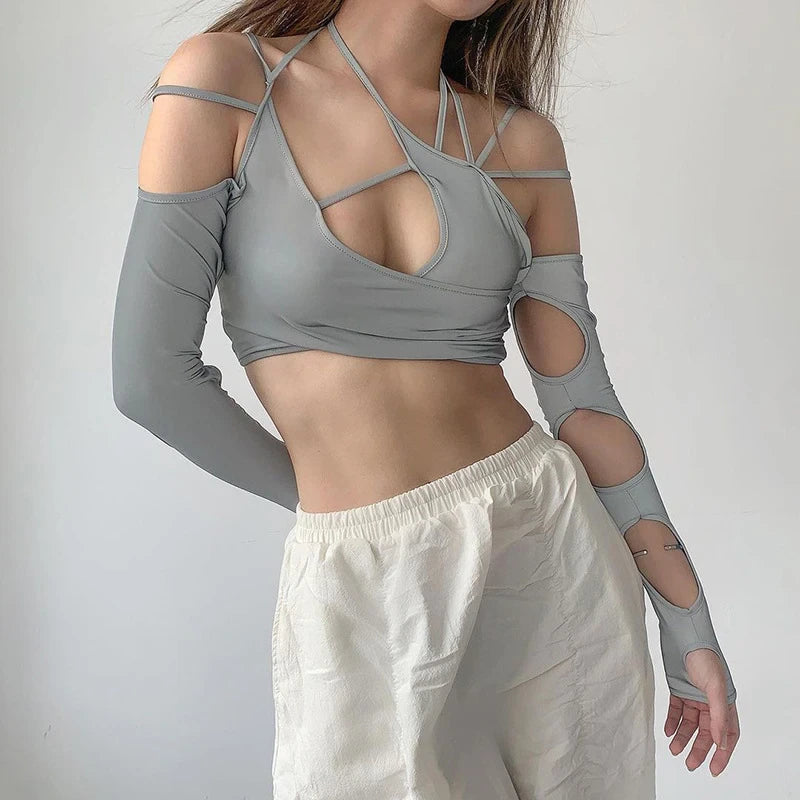 Act Now New Women Halter Tops Long Sleeve Crop Top Sexy Cut Out Casual T-shirts  S2503