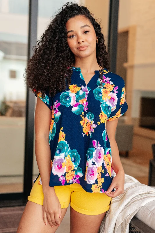 Sneak Peek Sale Lizzy Cap Sleeve in Navy and Pastel Bouquet