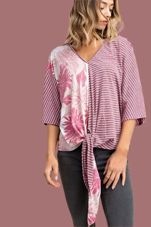 Flash Sale *SALE Mittoshop Short Kimono Sleeve Striped Top - Burgundy