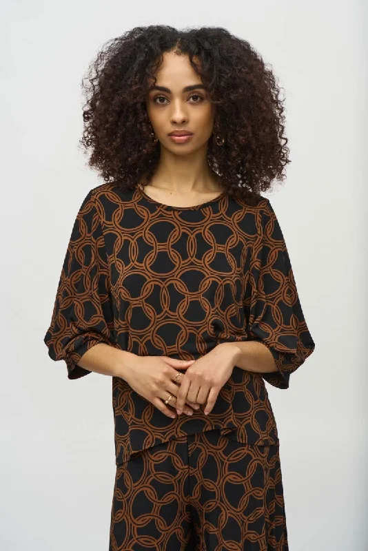 Half Price Joseph Ribkoff Black/Chestnut Chain Print Puff Sleeve Top 244080