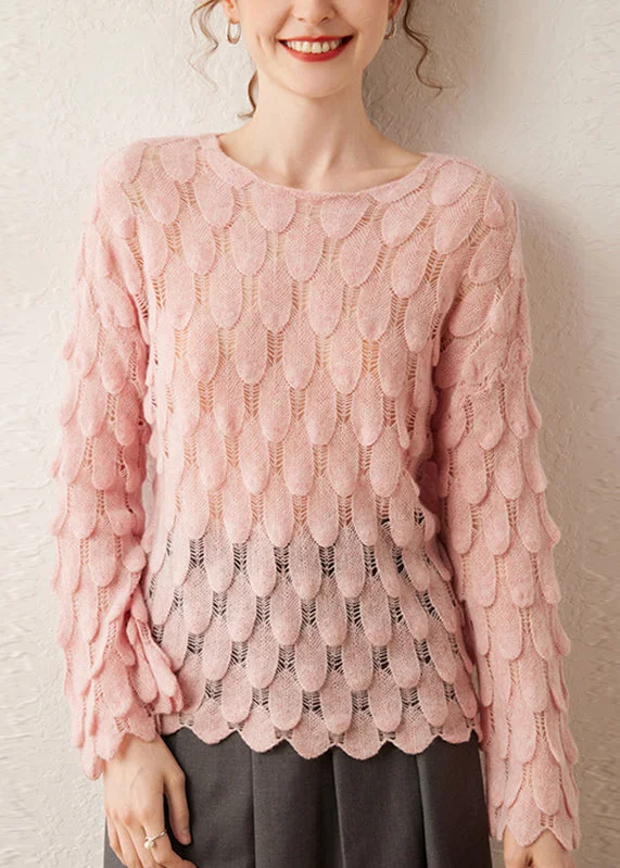 Shop and Save DIY Pink O-Neck Hollow Out Feather Knit Sweater Spring