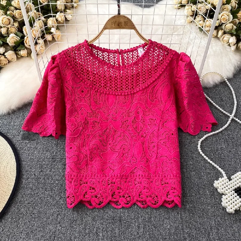 Limited Time Discount short-sleeved round neck lace shirt for women      S4043