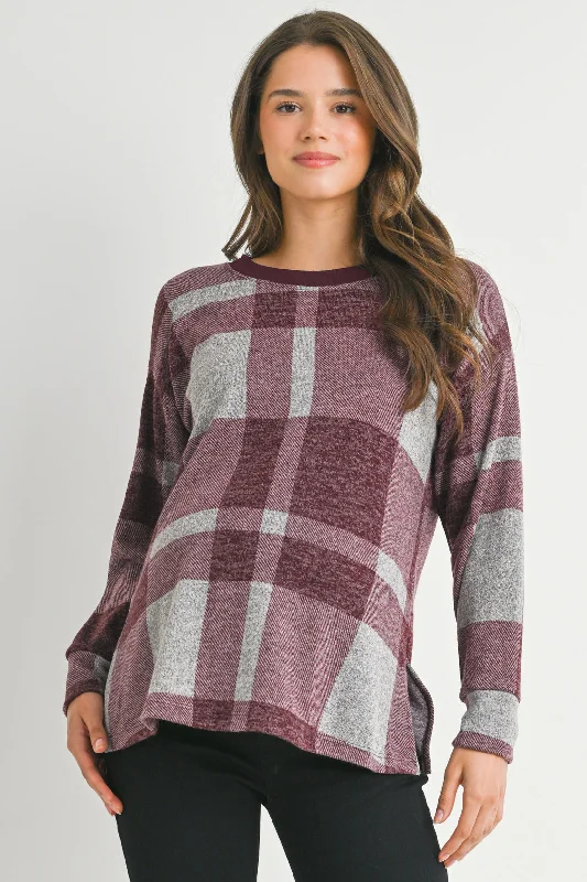 Closeout Sale Plaid Crewneck Long Sleeve Maternity Pullover Top