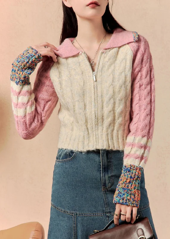 Special Discount Beautiful Pink Zip Up Patchwork Knit Sweaters Winter