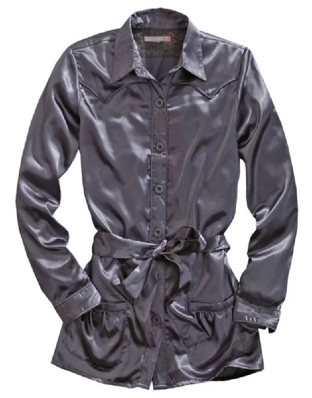 Now or Never Tin Haul Womens Gray Polyester L/S Belted Tunic Satin Shirt