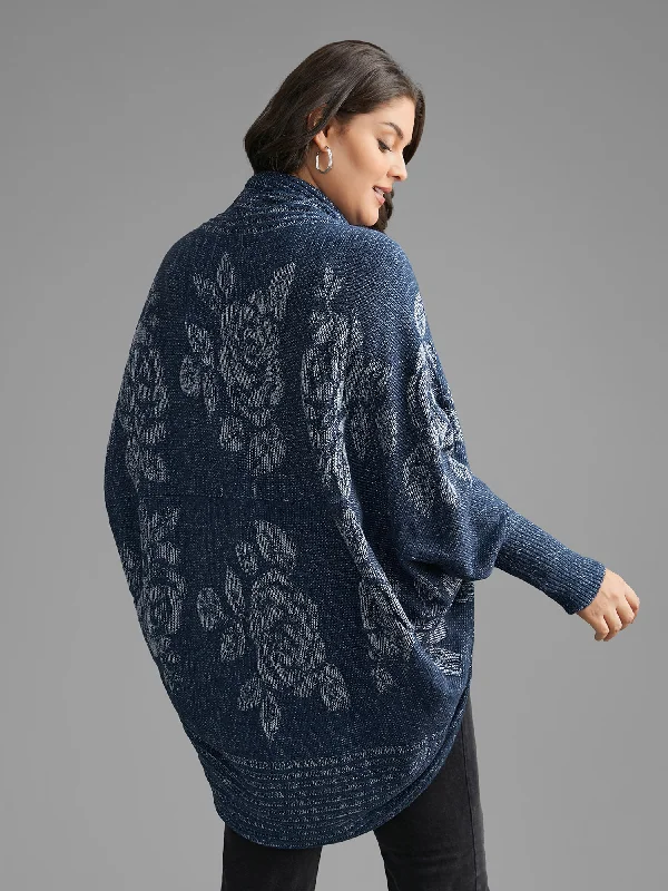 Take Advantage Floral Jacquard Batwing Sleeve Arc Hem Cardigan