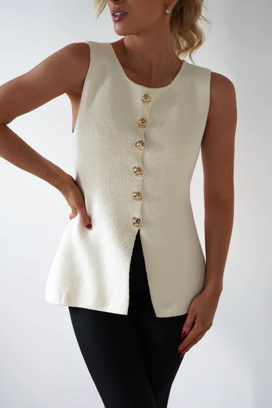Weekend Savings Bonanza Louella Gold Button Waistcoat Top | Cream