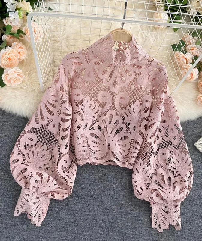 Discount Days Stylish hollow lace top puff sleeve top     S2537