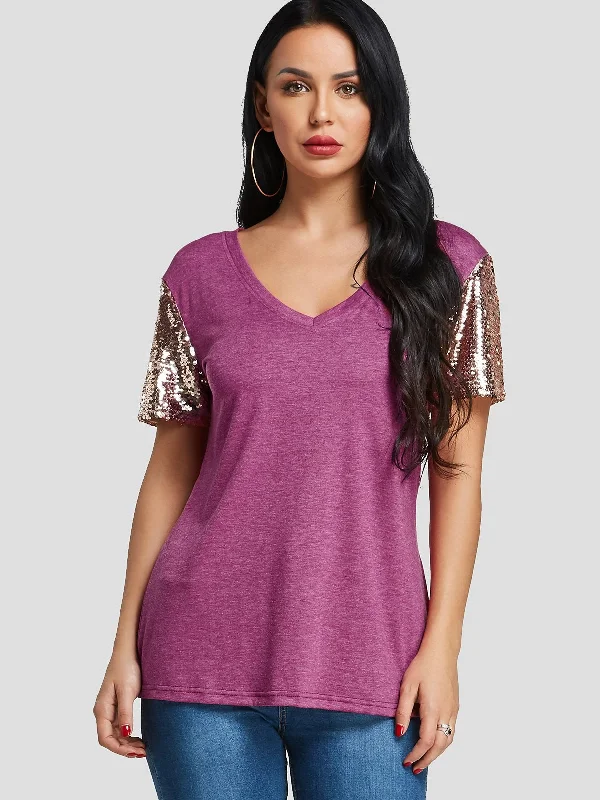 Midnight Madness Custom V-Neck Sequins Embellished Short Sleeve T-Shirts