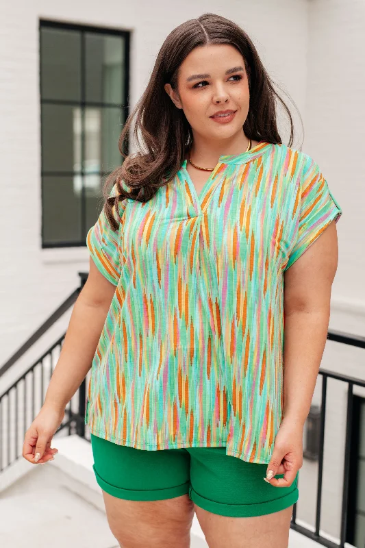 Weekend Savings Bonanza Lizzy Cap Sleeve Top in Lime and Emerald Multi Stripe