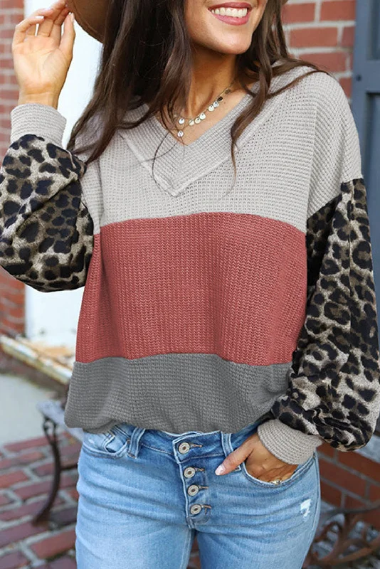 Flash Sale Leopard Print Color Block V Neck Waffle Knit Long Sleeve Top